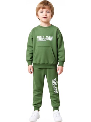 Ersefa Enerjik Sloganlı Erkek Çocuk Örme Eşofman ve Sweatshirt Seti Kaliteli Şık Rahat