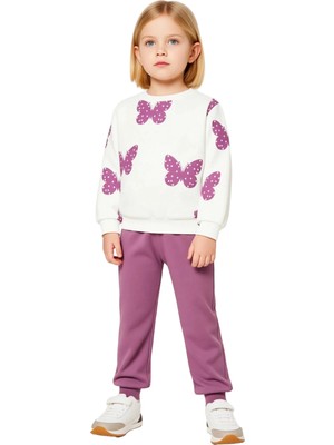 Ersefa Kız Çocuk Pamuklu Örme Kelebek Desenli Bisiklet Yaka Üst ve Ribana Tayt Seti Kaliteli Şık Rahat