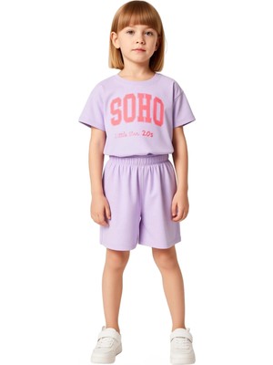 Ersefa Kız Çocuk Pamuklu Slogan Detaylı Günlük Kısa Kollu Iki Parça Set Kaliteli Şık Rahat