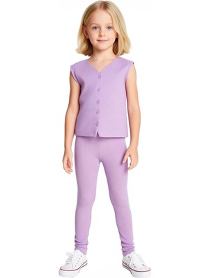 Ersefa Kız Çocuk V Yaka Düğmeli Fitilli Yelek ve Esnek Tayt Seti Kaliteli Şık Rahat  Günlük