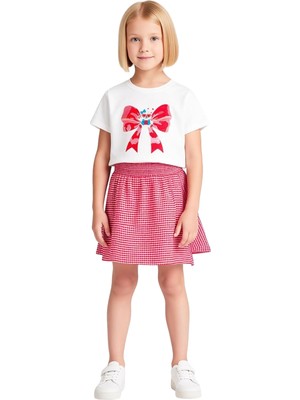 Ersefa Kız Çocuk Pamuklu Üst ve Etek Takımı Şık Fiyonk ve Ayıcık Figürlü Kaliteli Şık Rahat