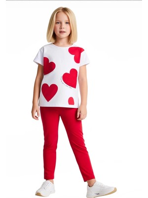 Ersefa Kız Çocuk Kalp Desenli Pamuklu T Shirt ve Esnek Tayt Ikili Set Kaliteli Şık Rahat