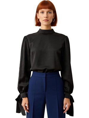 Ersefa Kadınlar Için Dik Yaka Saten Bluz Şık Bağlama Detaylı Kaliteli Şık Rahat Modern Zarif Günlük