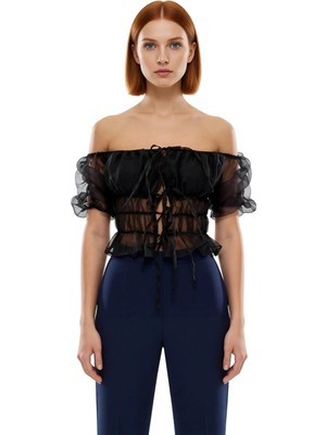 Ersefa Kadın Büzgülü Organze Üst Şık ve Göz Alıcı Tasarım Carmen Yaka Detaylı Kaliteli Şık Rahat Modern