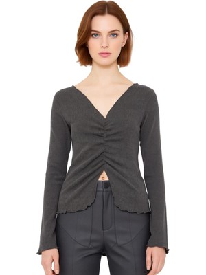 Ersefa Kadın V Yaka Büzgülü Ispanyol Kol Dokulu Örme Bluz Kaliteli Şık Rahat Modern Zarif Günlük