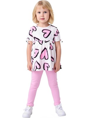 Ersefa Kız Çocuk Kalp Baskılı Pamuklu Örme Üst ve Esnek Tayt Ikili Set Kaliteli Şık Rahat