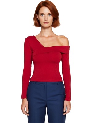 Ersefa Kadın Pamuklu Esnek Vücuda Oturan Asimetrik Yaka Uzun Kollu Crop Üst Kaliteli Şık Rahat Modern