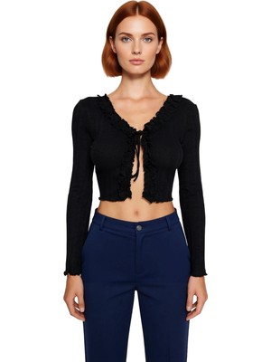 Ersefa Kadın V Yaka Bağcıklı Crop Fitilli Örme Üst Kaliteli Şık Rahat Modern Zarif Günlük