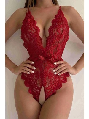 Biçomi Bicomi Kırmızı Özel Bölgesi Açık Fiyonklu Dantel Fantezi Body
