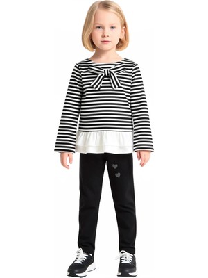 Ersefa Kız Çocuk Pamuklu Çizgili Uzun Kollu Sweatshirt ve Eşofman Altı Takımı Kaliteli Şık Rahat