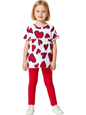 Ersefa Kız Çocuk Kalp Baskılı Pamuklu Örme Üst ve Esnek Tayt Ikili Set Kaliteli Şık Rahat