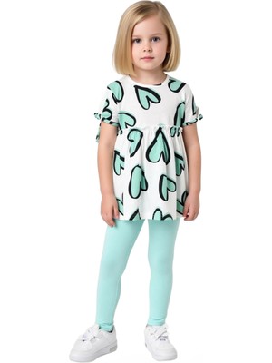 Ersefa Kız Çocuk Kalp Baskılı Pamuklu Örme Üst ve Esnek Tayt Ikili Set Kaliteli Şık Rahat