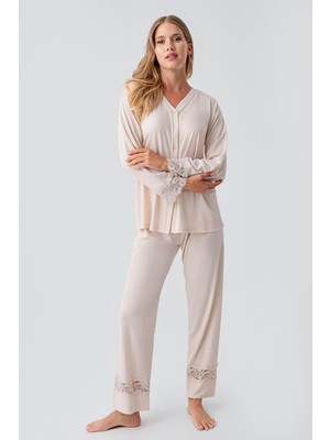 Artış Collection Uzun Kollu Düğmeli Dantelli Esnek Viskoz Pijama Takım 18206