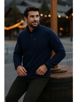 Comstar Erkek Fermuarlı Kalın Kışlık Trend Lacivert Polar Ceket