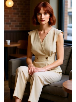 FRM Yazlık Kolsuz Bluz Pamuklu Keten Görünümlü V Yaka Düğmeli Rahat Kesim Özenle Seçilmiş