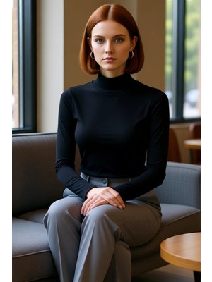 FRM Kadın Moda Şık Regular Dik Yaka Slim Kalıp Örme Fitted Vücuda Oturan Kollu Fitilli Esnek Bluz