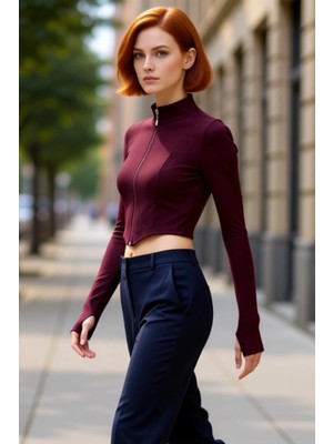 PayBuy Kadın Dik Yaka Fermuarlı Uzun Kollu Vücuda Oturan Örme Crop Kaliteli Şık Rahat Modern Zarif