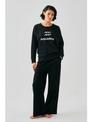 Modaserdem  Kadın Siyah Kova Burcu Oversize 2 Iplik Eşofman Ev Giyim Takımı