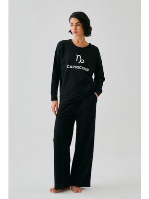 Modaserdem  Kadın Siyah Oğlak Burcu Oversize 2 Iplik Eşofman Ev Giyim Takımı