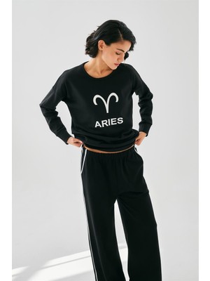 Modaserdem  Kadın Siyah Koç Burcu Oversize 2 Iplik Eşofman Ev Giyim Takımı