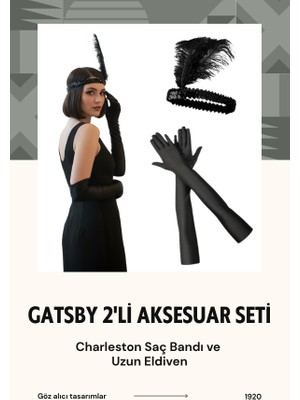 1920'LER Ikili Gatsby Aksesuar Seti – Siyah Charleston Saç Bandı ve Uzun Eldiven