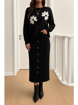 Moderie Butik Kadın Bluz Çiçek Desenli Detay Etek Düğme Detayıkılı Takım