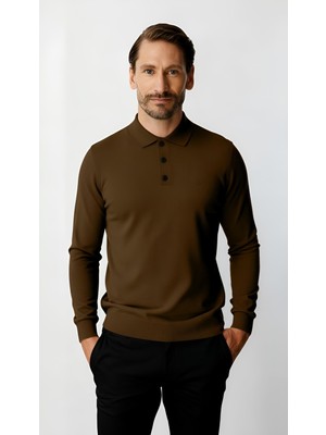 İGS Kahve Standart Fit Dar Kalıp Polo Yaka Düz Uzun Kollu  Triko