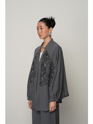 Orfeonegro Kadın Önü Gül Işlemeli Düz Renk Kimono