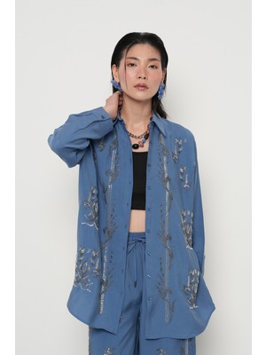 Orfeonegro Kadın Önü Boncuk ve Taş Işlemeli Oversize Gömlek