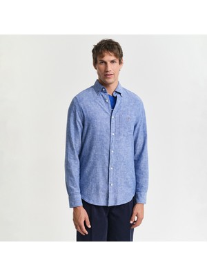 Gant Erkek Lacivert Regular Fit Düğmeli Yaka Keten Gömlek
