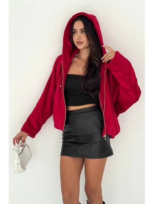 Kürk Kumaş Kapşonlu Mont Kırmızı
