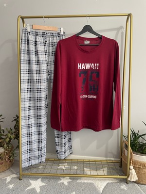 Rimoli Hawaii Baskılı Süprem Nefes Alabilen İnce Mevsimlik Kumaş Ekose Desen Uzun Kollu Pamuklu Erkek Pijama Takımı