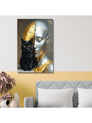 Gaagart Tekli Dikey Kanvas Tablo Siyah Kedi ve Gold Gümüş Kadın Silüeti