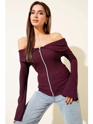 OEY Fashions Omzu Açık Fermuarlı Bluz Mürdüm T4330