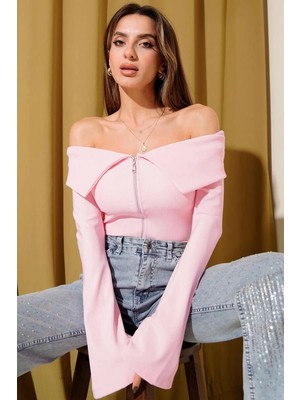 OEY Fashions Omzu Açık Fermuarlı Bluz Pembe T4330