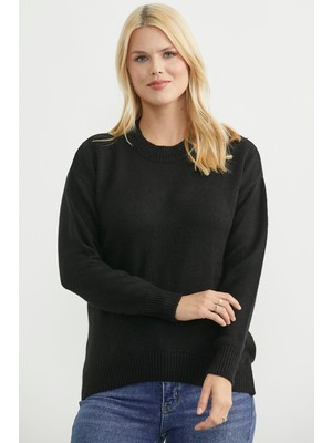 Sementa Oversize Önü Verev Triko Kazak - Siyah