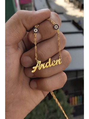 Özgür Takı 925 Ayar Gümüş 24 Ayar Altın Kaplama 2 Nazar Boncuklu Isimli Kolye