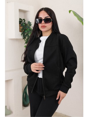 Baselco Kadın Relax Fit Bomber Süet Ceket Slim Fit Suni Deri Polo Yaka