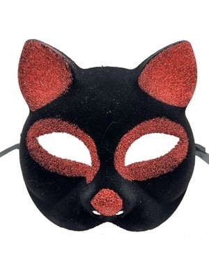 Ronanna Siyah Kırmızı Simli Süet Kedi Maskesi