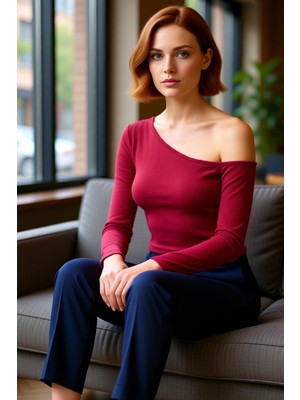 FRM Kadın Şık Crop Asimetrik Yaka Düşük Kol Slim Kalıp Örme Fitted Vücuda Oturan Omzu Açık Fitilli Bluz