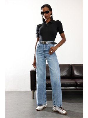 5in1Canpolat Yıkamalı Mavi Likralı Wide Leg Jean