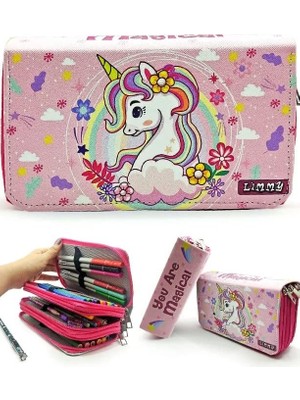 Kalem Kutusu Unicorn Bahar Temalı Kawai Organizer Kalemkutu Vegan Deri Üç Bölmeli Kalemlik- Pembe
