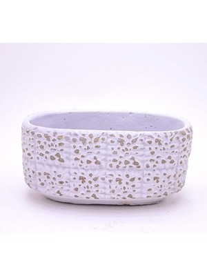 Botanik Gül Desenli Oval Aranjman Beton Kaktüs Çiçek Saksısı Beyaz Renk 16 x 8 x 8 cm