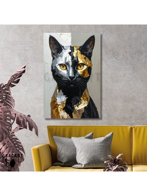 Gaagart Tekli Dikey Kanvas Tablo Sanatsal Gold Gümüş Siyah Kedi