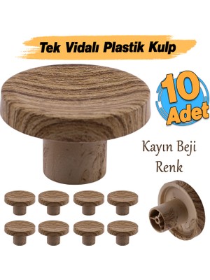 Badem10 Tek Vidalı (10 Adet) Iç Bükey Plastik Düğme Kulp Kayın Bej Renk Mobilya Dolap Çekmece Kulpu Kulbu