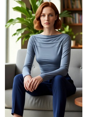 FRM Kadın Moda Şık Üst Giyim Regular Kayık Yaka Slim Kalıp Örme Drapeli Vücuda Oturan Esnek Bluz