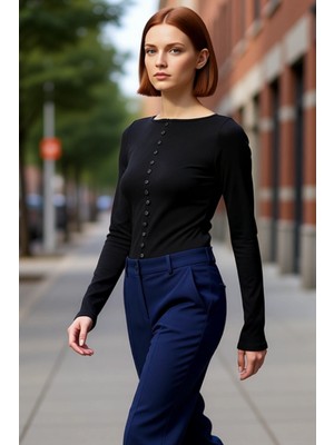 PayBuy Kadın Fitted Bisiklet Yaka Uzun Kollu Düğmeli Haki Renk Esnek Dokuma Bluz Günlük Kış Modası Için