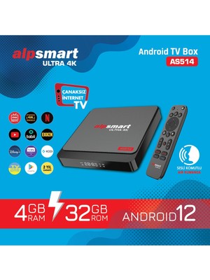 Alpsmart AS514 Android TV Box 4 GB RAM 32 GB Hafıza Ses Komutlu Kumanda ile Hızlı Bağlantı