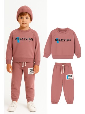 Kr Kids Butik Çocuk Eşofman Takımı 2’li – Gül Kurusu Sweat & Jogger “great Vıbes” Pamuklu (Unisex)