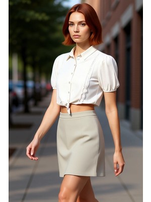 PayBuy Kadın Bej Crop Dokuma Keten Görünümlü Bluz Gömlek Yaka Kısa Kollu Regular Kalıp Beachwear Tarzı Cool